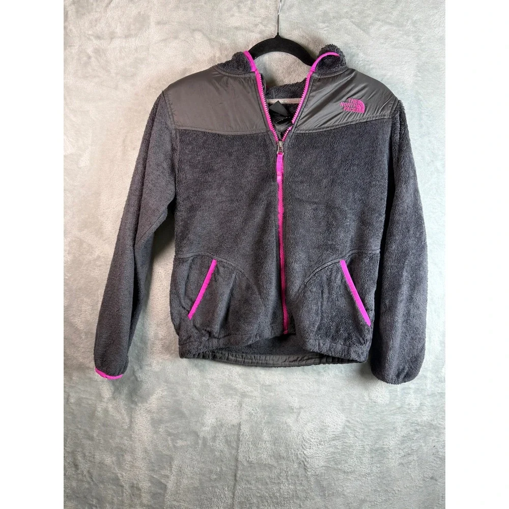 THE NORTH‎ FACE Girls XL 18 Gray Pink Hooded Fleece Jacket Full Zip Sherpa